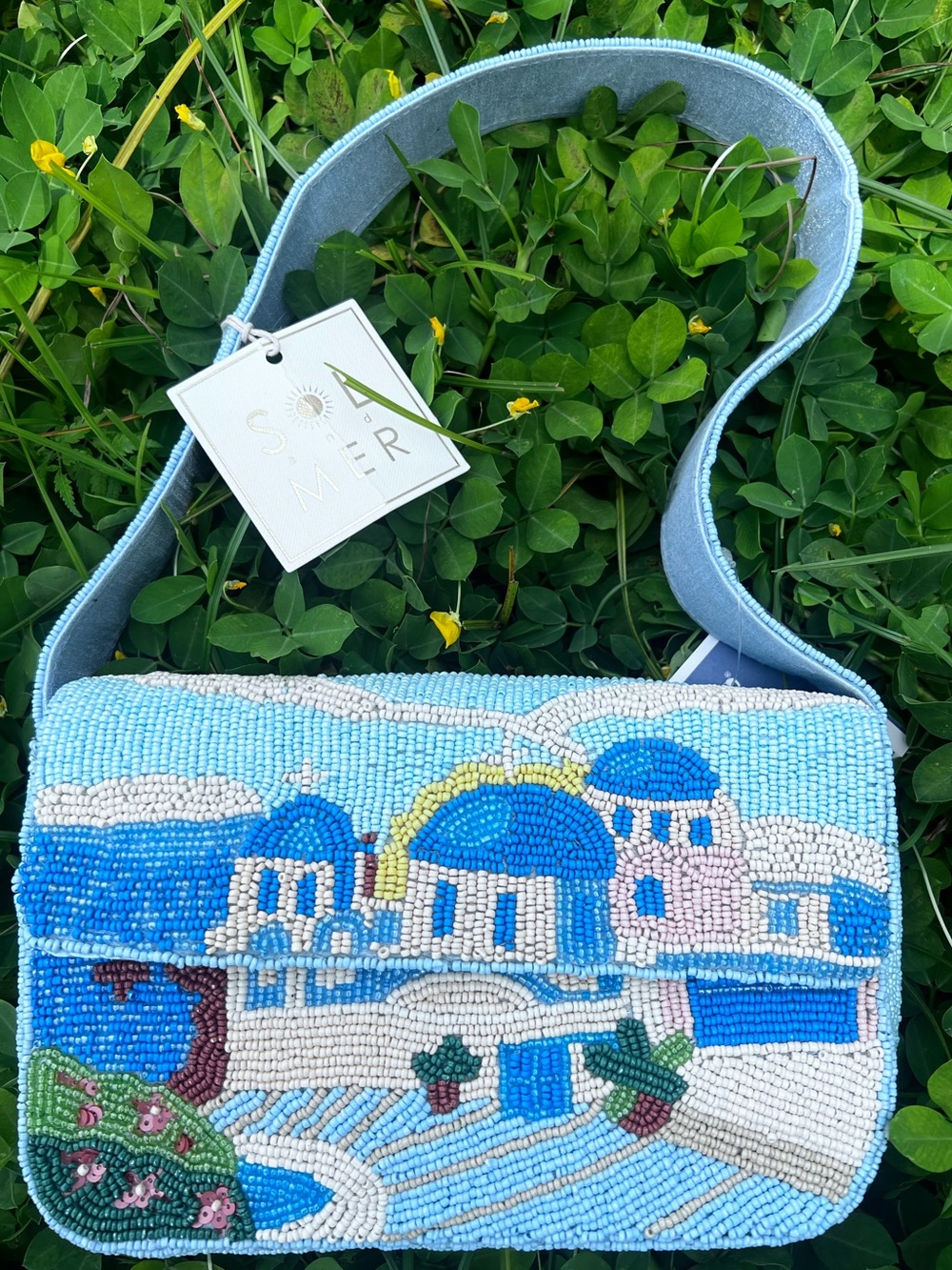 NWT Beaded Greece Scene Blue & White With  Magnetic Closure Shoulder Bag